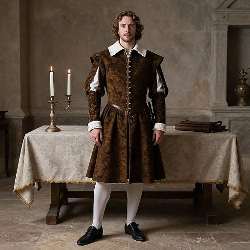 Photograph of a curly-haired man in 16th-century brown velvet doublet, white shirt, white stockings, black shoes, standing in dimly