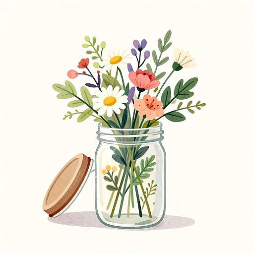 Watercolor illustration of a mason jar filled with colorful flowers, including daisies, pink and purple blooms, and green leaves, with the lid