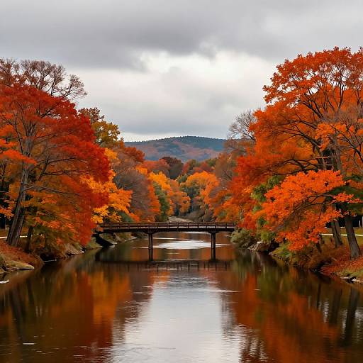 Photograph of a serene autumn landscape with vibrant red and orange trees, a reflective river, and a wooden bridge in the center. Cloudy sky above