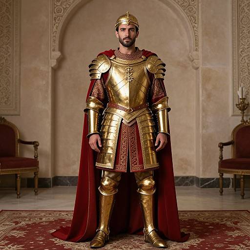 Photorealistic image of a bearded man in golden medieval armor with red velvet cape, standing in ornate, beige-walled room.