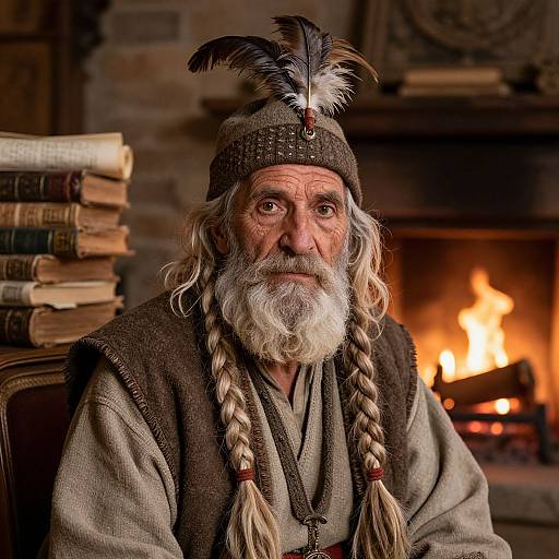 Photograph of an elderly white man with long white beard, braided hair, feathered hat, brown medieval-style clothes, sitting by a lit fireplace