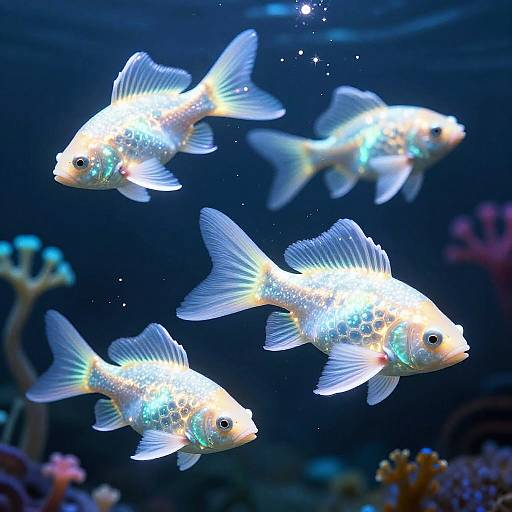 Photograph of four glowing, bioluminescent goldfish with translucent white fins and scales, swimming in a dark blue underwater aquarium.
