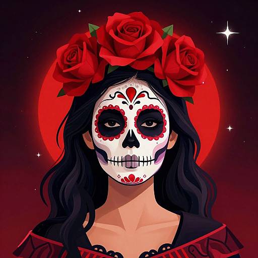 Digital illustration of a woman with black hair, white sugar skull face, red floral patterns, red roses in hair, and red background.