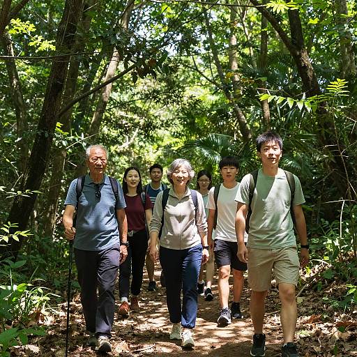 Photograph of five Asian hikers, three men and two women, walking on a sunlit forest trail, surrounded by dense green foliage.