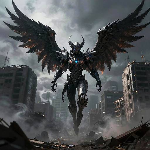 Digital artwork of a dark, winged, demonic figure with glowing blue eyes, towering over a ruined, smoke-filled cityscape.