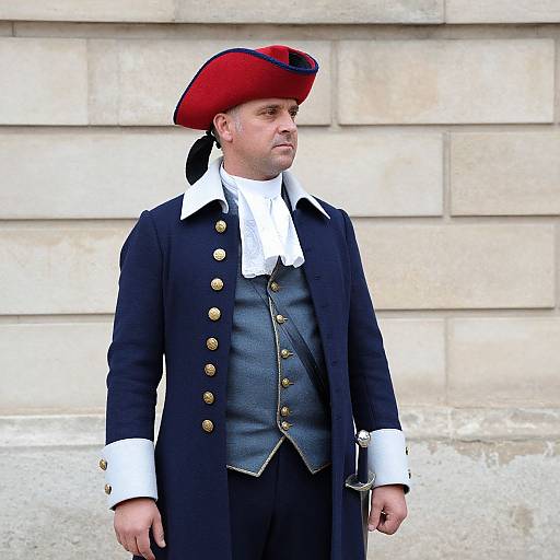 Photograph of a Caucasian man in 18th-century British naval attire with a red tricorne hat, black coat, white cravat,