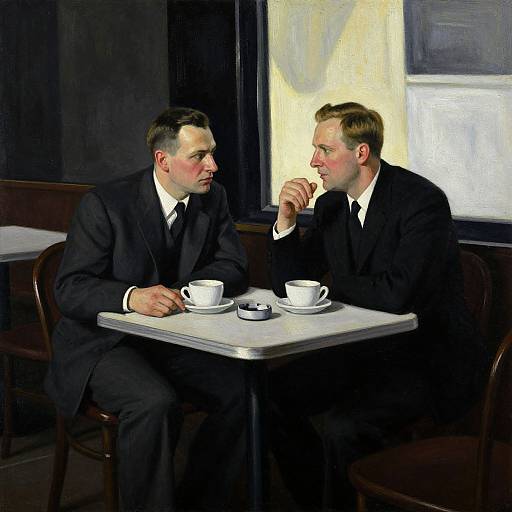 Photograph of two Caucasian men in black suits, seated at a café table with white cups and saucers, engaged in conversation in a dimly