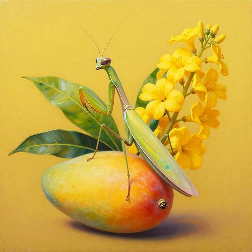 Golden Praying Mantis on Mango Blossom