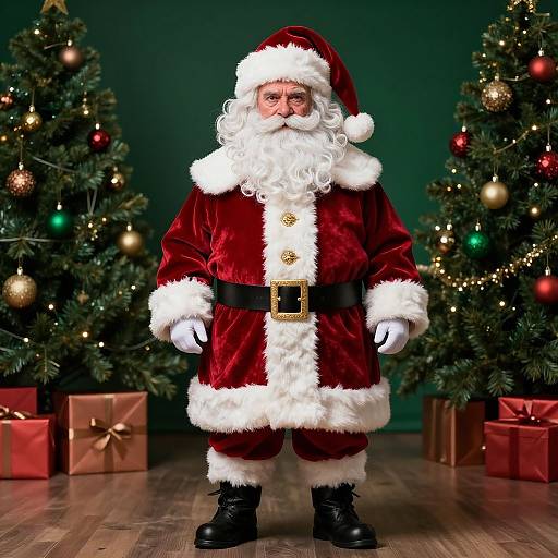 Photograph of Santa Claus in red velvet suit with white fur trim, black belt, black boots, standing between two decorated Christmas trees with colorful ornaments and