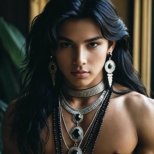 Young Man with Long Black Hair Wearing Exotic Jewelry
