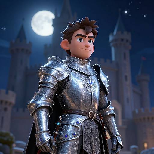 CGI image of a cute, young man with brown hair, wearing shiny, reflective silver armor, standing in front of a medieval castle at night with