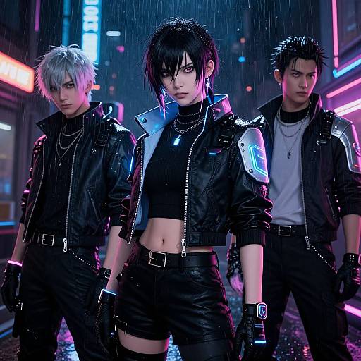Photorealistic digital art of three punk-style characters in black leather jackets, neon-lit rainy city street, with intense expressions.