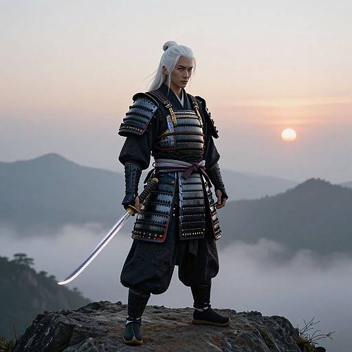 Photograph of a white-haired samurai in full armor, standing on a rocky cliff at sunrise, holding a glowing katana, with misty mountains