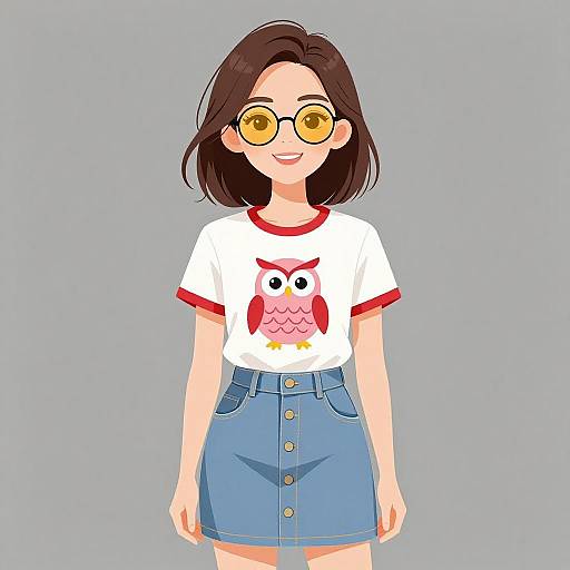 Digital illustration of a smiling woman with brown hair, yellow glasses, white owl shirt, and blue button-up skirt, against a gray background.