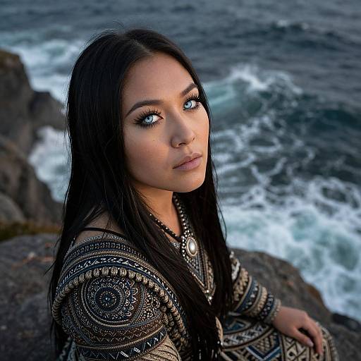 Photograph of a young woman with long black hair, blue eyes, and intricate black and gold patterned shawl, sitting by a rocky ocean shoreline