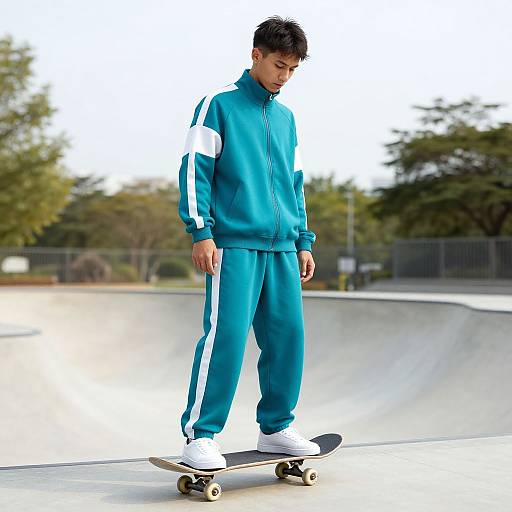 Photograph of a young man with short black hair, wearing a turquoise and white track suit, skating on a concrete skatepark ramp.