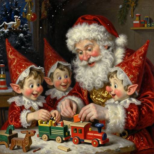 Digital painting of Santa Claus with three elf-like children in red hats and robes, playing with colorful wooden trains in a snowy, festive room.