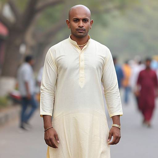 Photograph of a bald Black man in a white long-sleeve kurta, standing on a blurred street with people in the background.