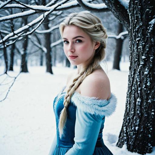 Blonde Woman in Blue Dress in Snowy Forest