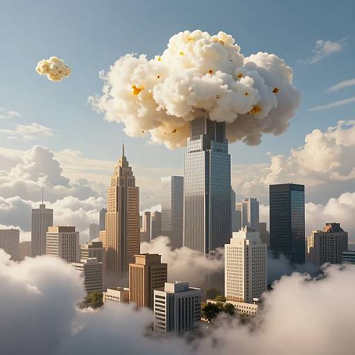 Photorealistic CGI of a city skyline with tall skyscrapers, a massive cloud of smoke and fire erupting from a central building, and a