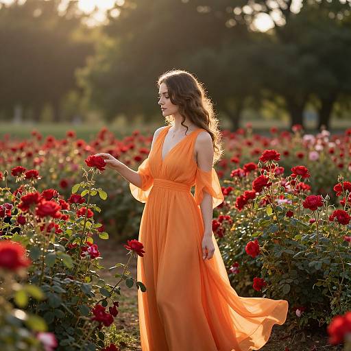Photograph of a young woman with wavy brown hair in an orange, V-neck, flowing dress, standing in a sunlit rose garden, gently