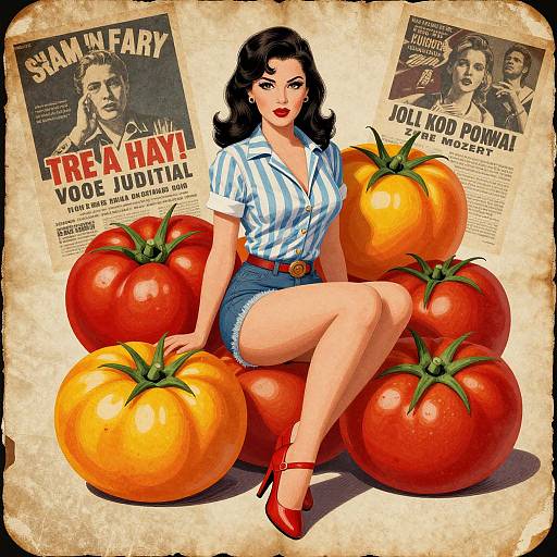 Digital illustration of a curvy, red-lipstick-wearing woman with black hair, striped shirt, denim shorts, and red heels, sitting among