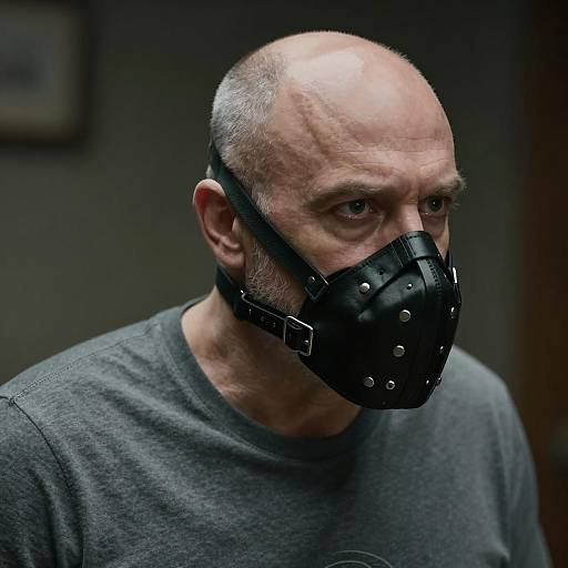 Middle-aged man wearing black leather muzzle