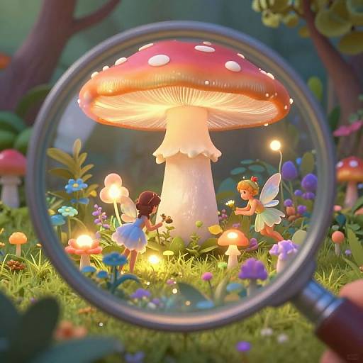 Photograph of a whimsical fairy garden through a magnifying glass, featuring glowing mushrooms, tiny fairies, colorful flowers, and soft forest lighting.