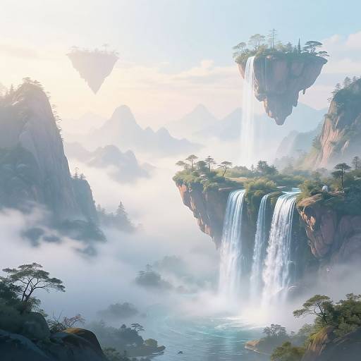 Digital fantasy artwork of a misty, cliffside waterfall with multiple waterfalls cascading into a serene pool, surrounded by floating tree islands. Bright sunlight
