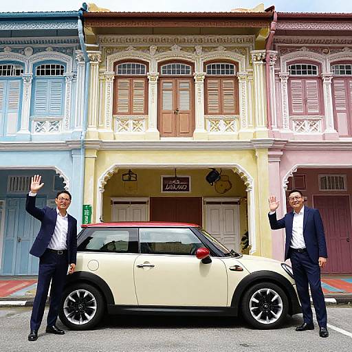 Photograph of two Asian men in black suits, white shirts, waving, standing on either side of a white convertible car, in front of colorful,