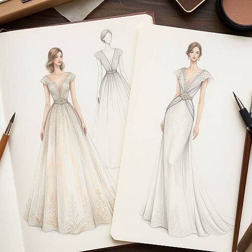 Digital fashion sketch of two elegant white wedding dresses with deep V-necks, delicate lace, and flowing skirts, on white paper.