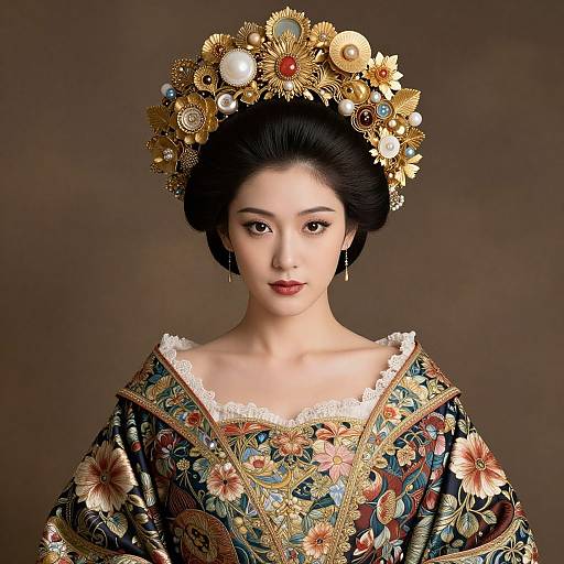 Photograph of an Asian woman in traditional, ornate floral-patterned kimono with gold embroidery, wearing an elaborate, gold floral headpiece against a