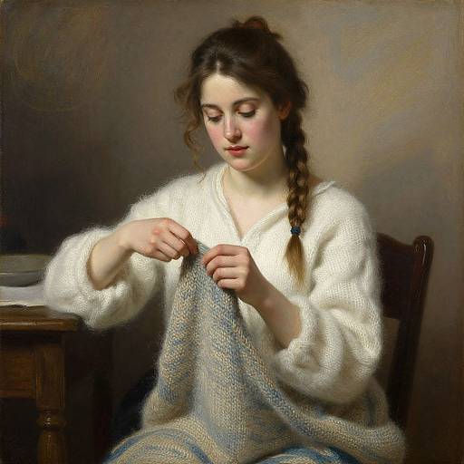 Digital painting of a fair-skinned young woman with brown hair in a braid, wearing a white fluffy sweater, knitting a blue and white patterned