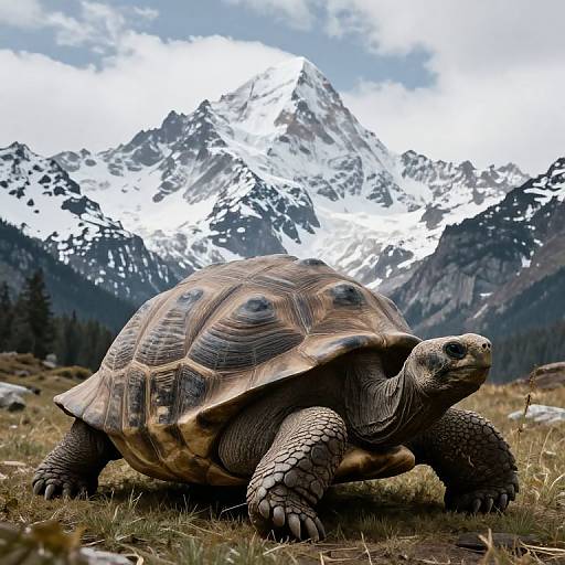 Photograph of a large tortoise with textured shell in foreground, majestic snow-capped mountain range in background under cloudy sky.