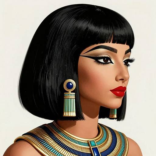 Digital illustration of an Egyptian-inspired woman with black bob, bold red lipstick, dark eyebrows, gold and blue jewelry, and white background.