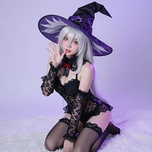 Playful Witch Cosplayer in Black Lace