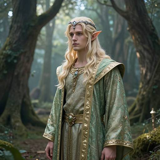 Photograph of a blonde, elf-like character with long hair, pointed ears, green and gold medieval-style robe, standing in a misty forest.