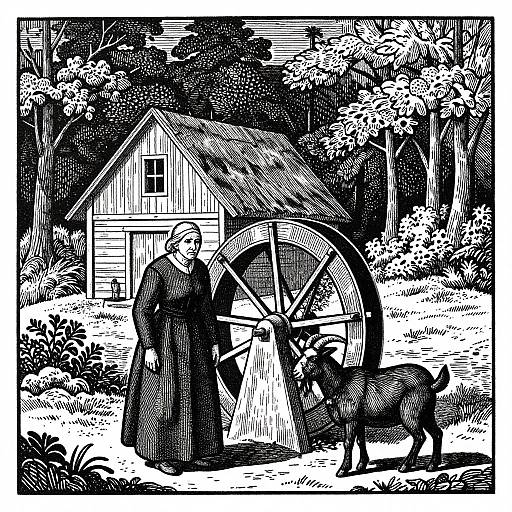 Black-and-white woodcut illustration of a cloaked figure grinding grain with a millstone, beside a horse, in front of a wooden house surrounded by