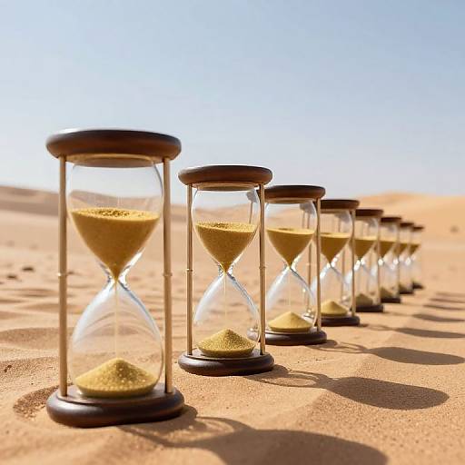 Photograph of six wooden-capped hourglasses in a row on sandy desert, casting shadows, with clear blue sky in background.