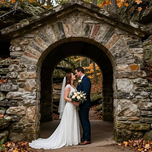 Photograph of a bride in a white lace gown and veil, holding a bouquet, kissing a groom in a black suit, standing under a rustic stone