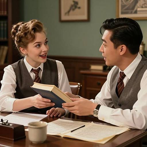 1930s-style photograph of a smiling man and woman in office attire, exchanging a book at a wooden desk with papers and a cup.