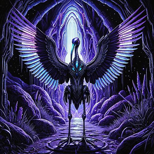 Mechanized Ibis in Bioluminescent Crystal Cave