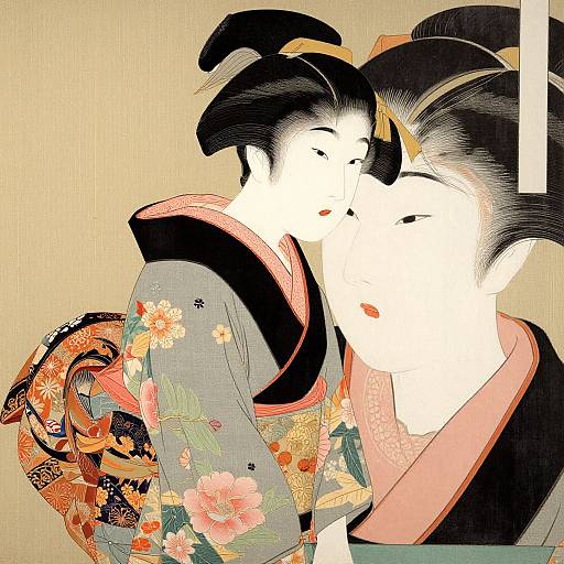 Traditional Japanese woodblock print of two geisha women in ornate kimonos, floral patterns, black hair updos, pale skin, close embrace