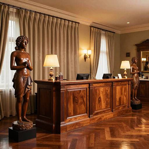 Photograph of a traditional office with wooden desk, two classical bronze statues, beige curtains, floor lamps, and wooden parquet flooring.
