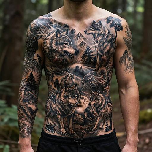Photograph of a muscular man with intricate black and grey wolf tattoos covering his chest, arms, and shoulders, standing in a forest. Tattoos feature