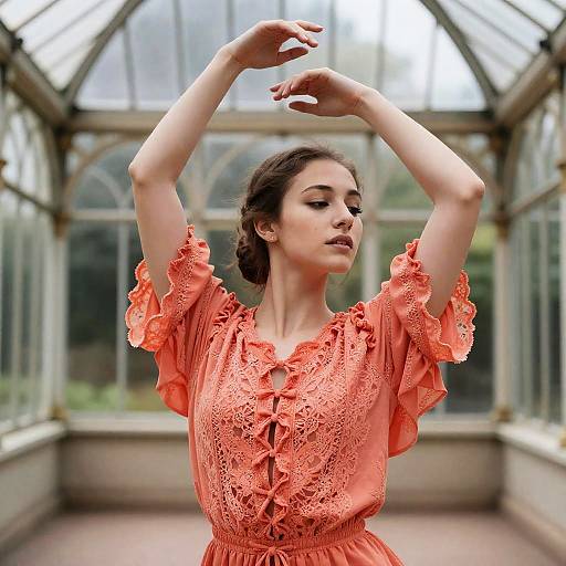 Bohemian dancer in coral lace blouse