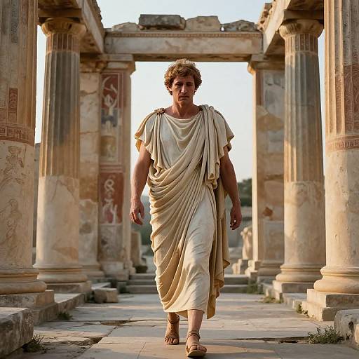 Photograph of a muscular, curly-haired man in a beige toga walking through ancient, weathered ruins with tall columns and faded reliefs.