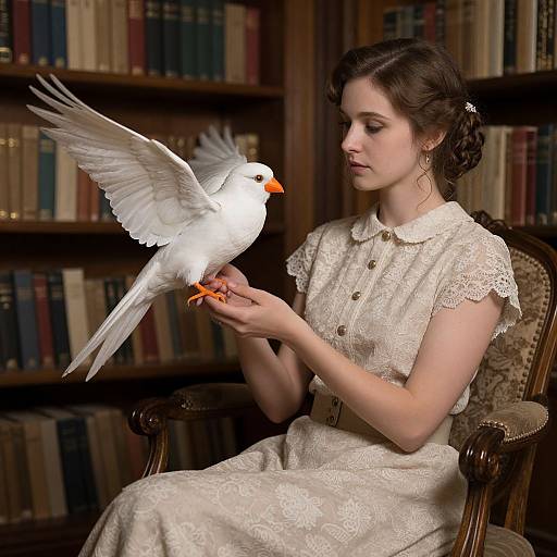 Photograph of a fair-skinned woman in a white lace dress, sitting in a library, feeding a white dove with an orange beak.