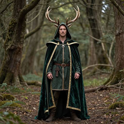 Photograph of a serious, bearded man in a dark green, velvet cloak with gold trim and antler headpiece, standing in a dense,