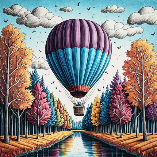 Child's Drawing of Hot Air Balloon Over Autumn Trees